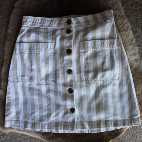 Old Navy Khaki/White Striped Button Front A-Line Mini Skirt ~0~ RN 54023 - Picture 1 of 8